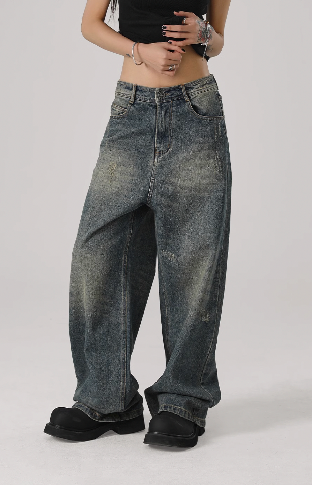 JHYQ Washed Cat Whiskers Holes Denim Jeans