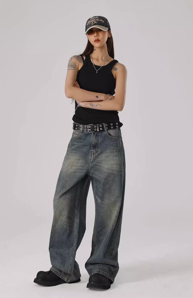 JHYQ Washed Cat Whiskers Holes Denim Jeans