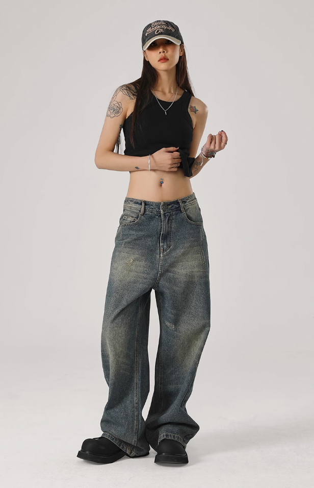 JHYQ Washed Cat Whiskers Holes Denim Jeans