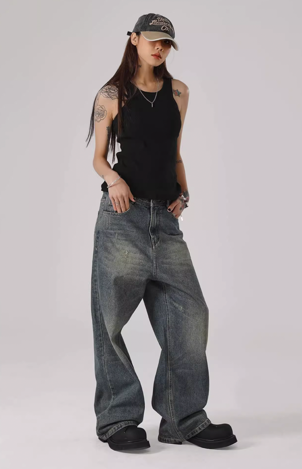 JHYQ Washed Cat Whiskers Holes Denim Jeans