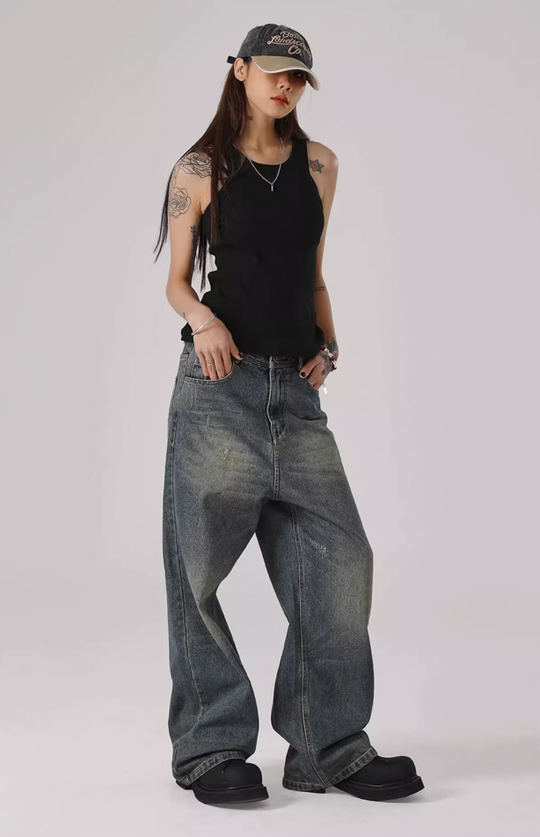 JHYQ Washed Cat Whiskers Holes Denim Jeans