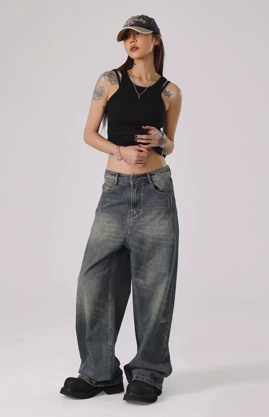 JHYQ Washed Cat Whiskers Holes Denim Jeans