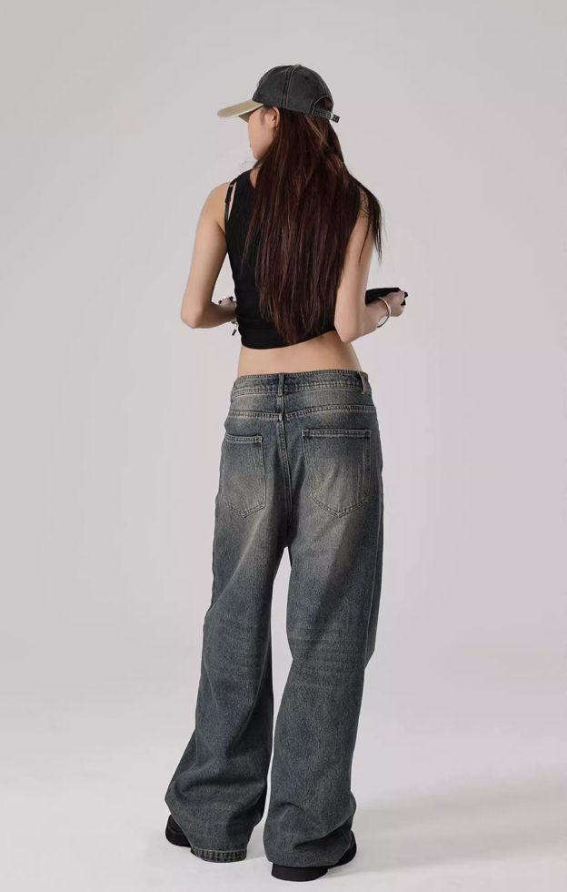 JHYQ Washed Cat Whiskers Holes Denim Jeans