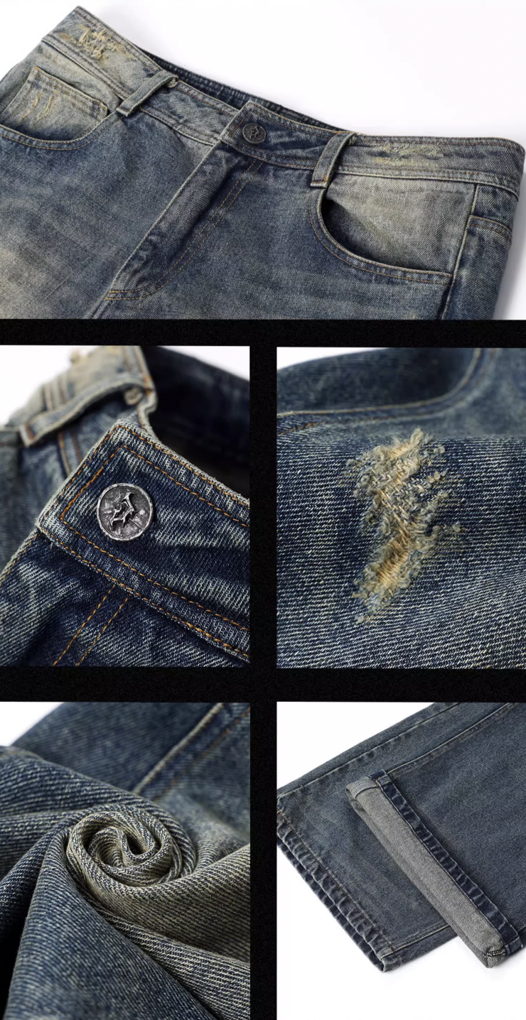 JHYQ Washed Cat Whiskers Holes Denim Jeans