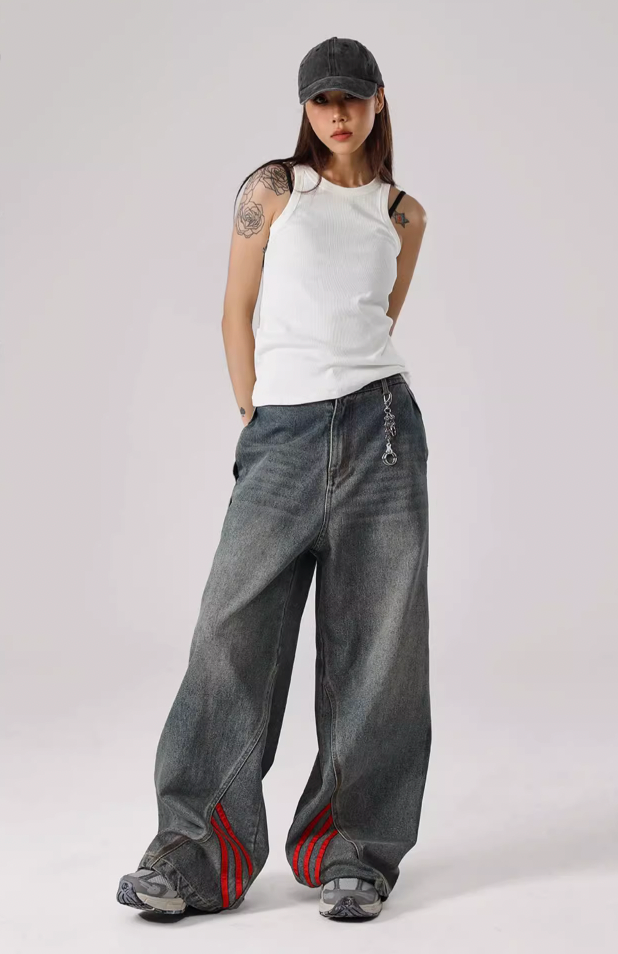JHYQ Retro Striped Wide Leg Denim Jeans