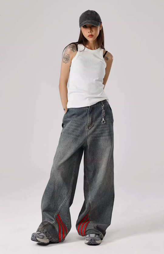 JHYQ Retro Striped Wide Leg Denim Jeans
