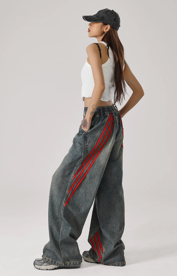 JHYQ Retro Striped Wide Leg Denim Jeans