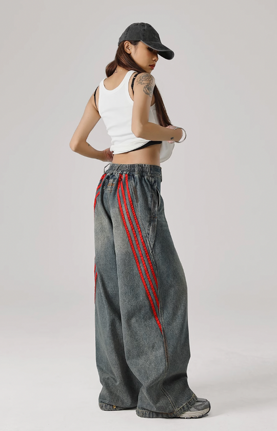 JHYQ Retro Striped Wide Leg Denim Jeans