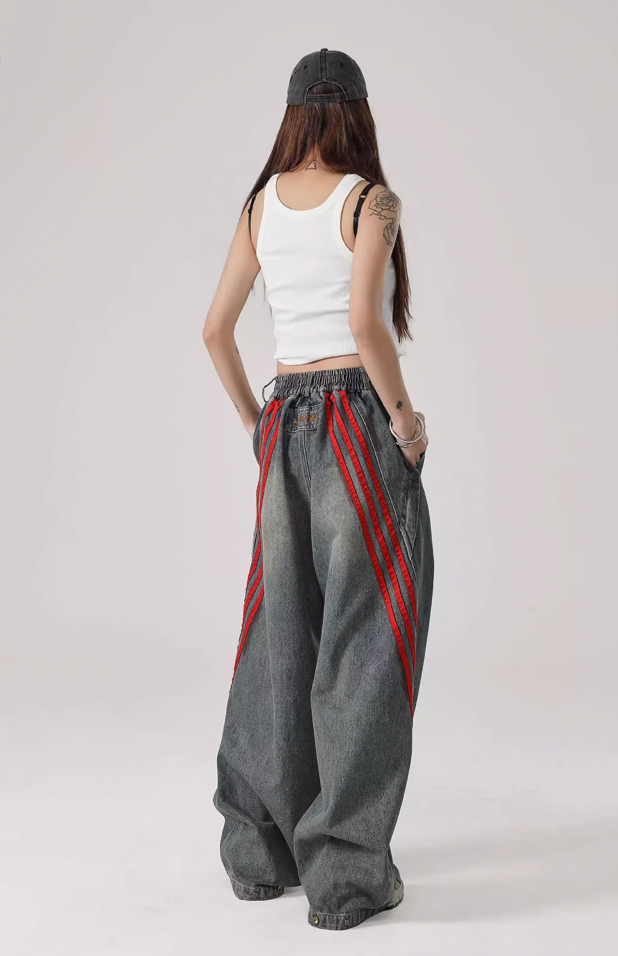 JHYQ Retro Striped Wide Leg Denim Jeans