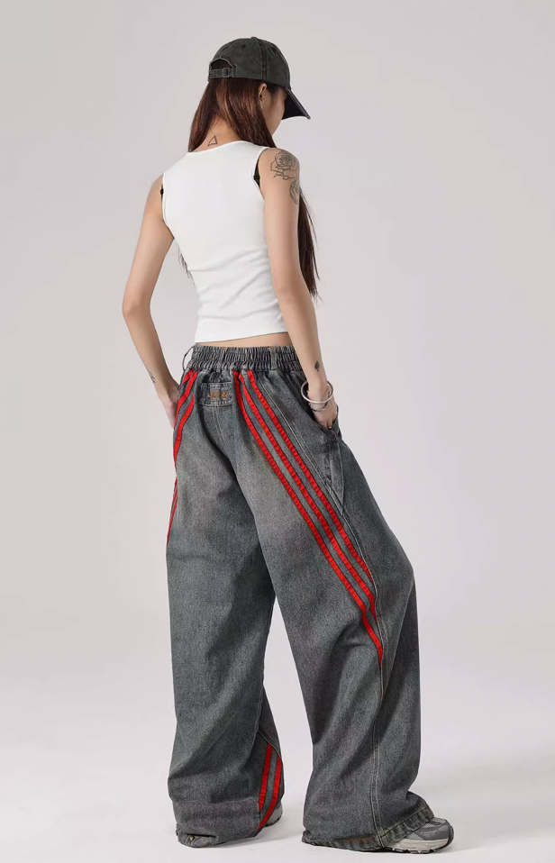 JHYQ Retro Striped Wide Leg Denim Jeans