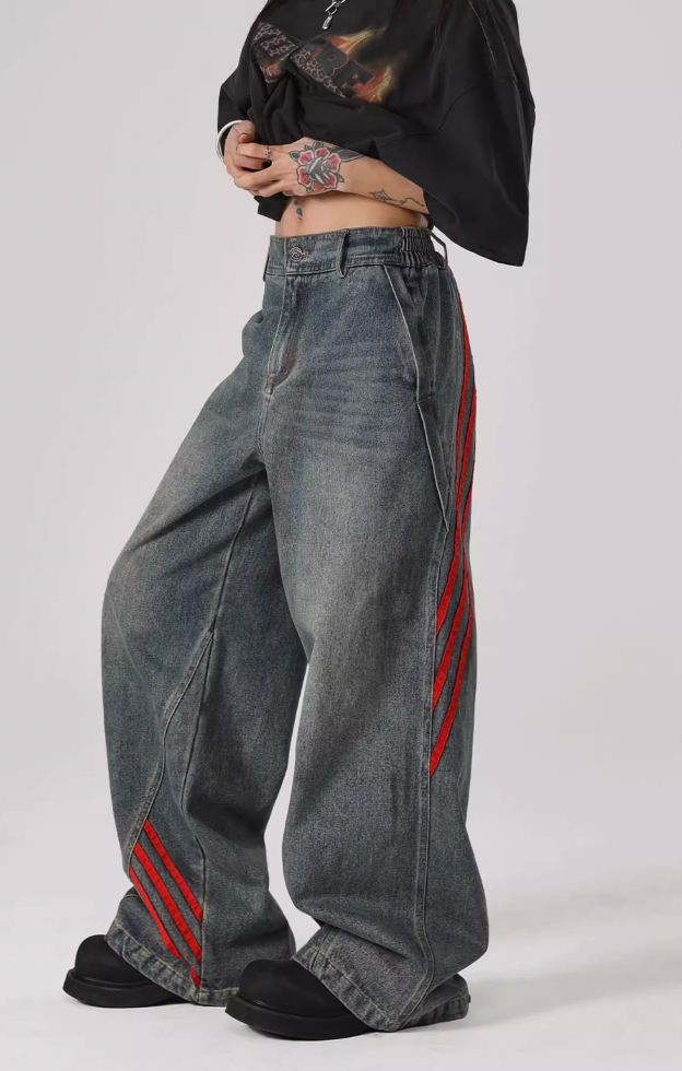 JHYQ Retro Striped Wide Leg Denim Jeans