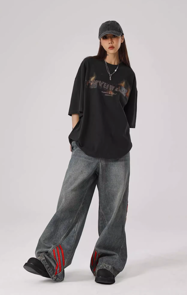 JHYQ Retro Striped Wide Leg Denim Jeans