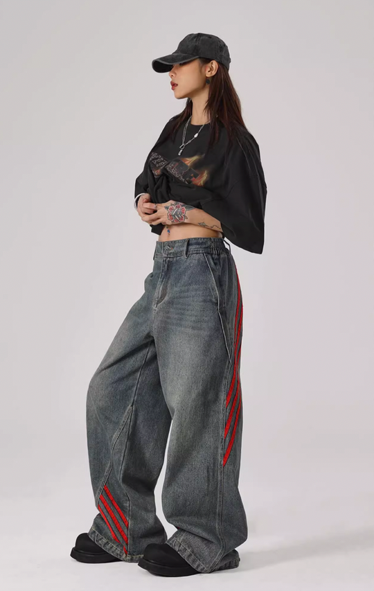 JHYQ Retro Striped Wide Leg Denim Jeans