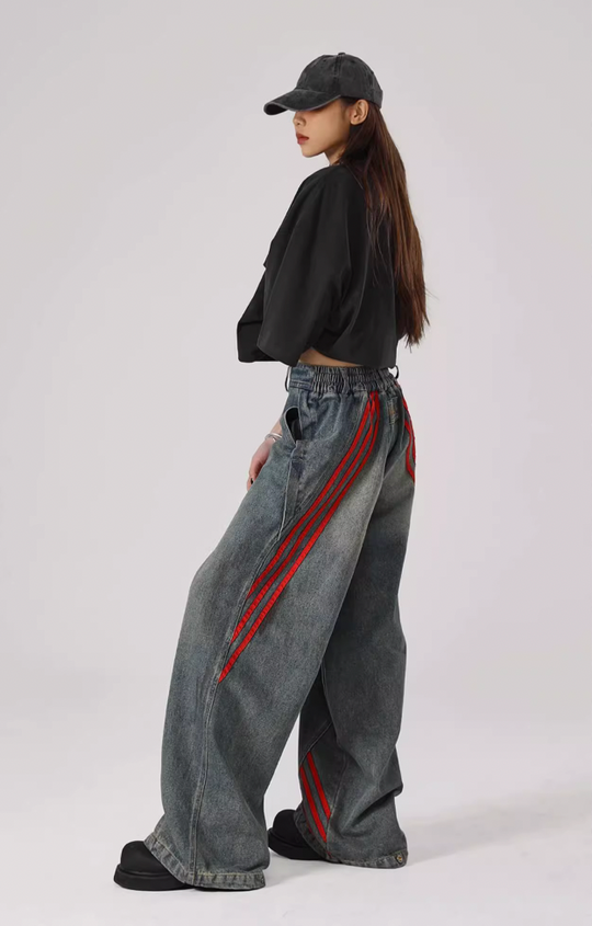 JHYQ Retro Striped Wide Leg Denim Jeans