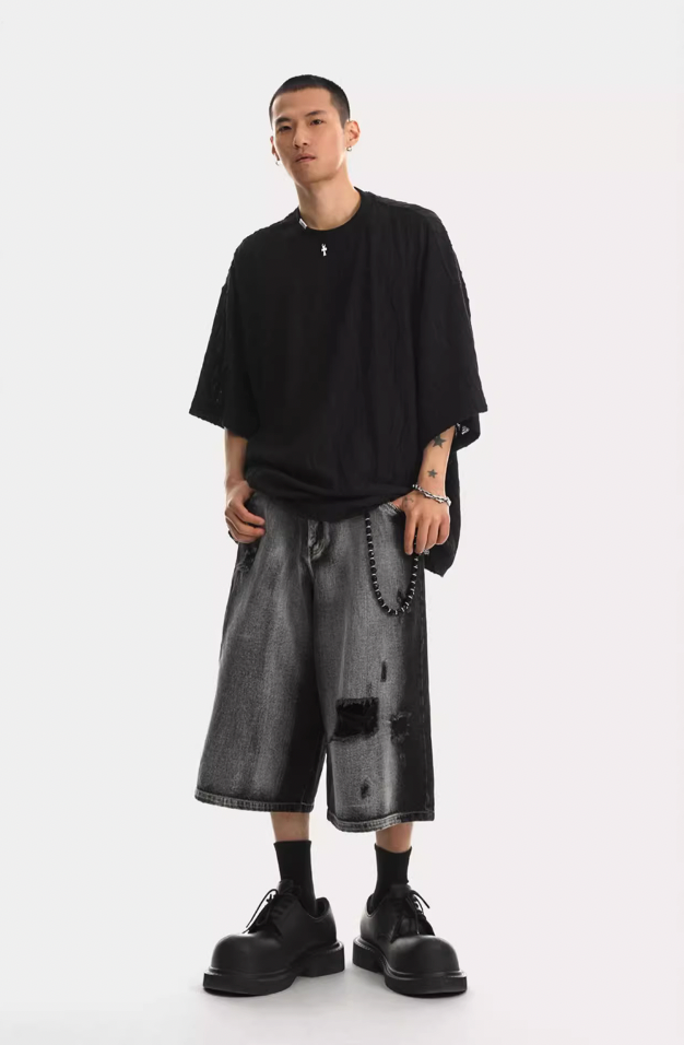 JHYQ Washed Hole Retro 7 Points Denim Shorts