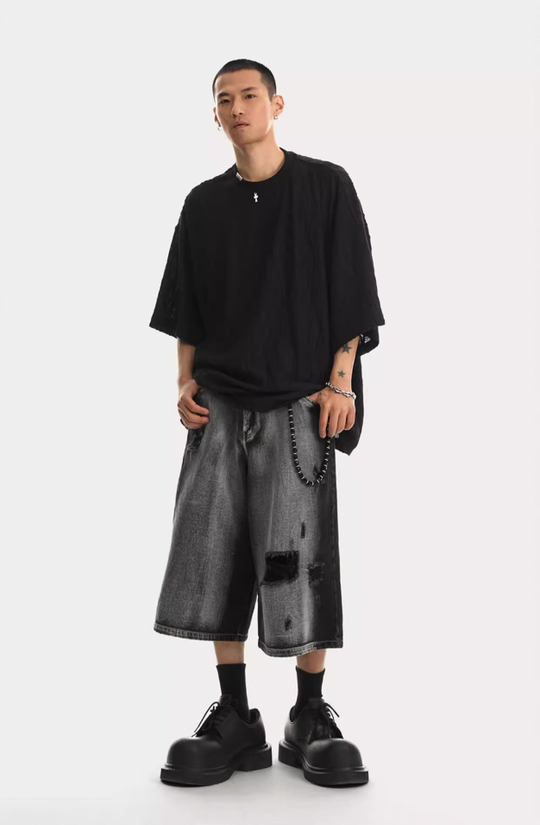 JHYQ Washed Hole Retro 7 Points Denim Shorts