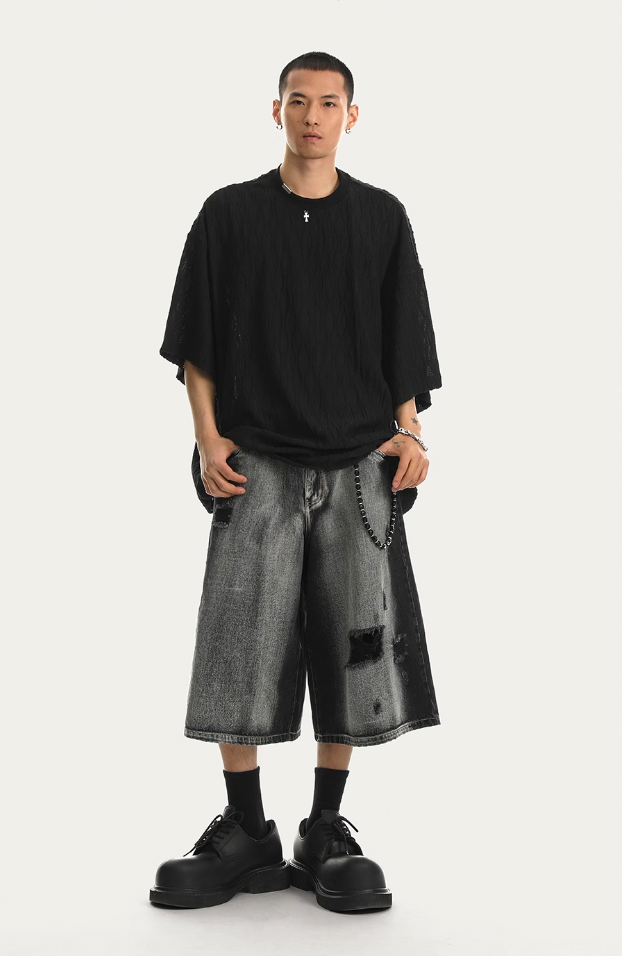 JHYQ Washed Hole Retro 7 Points Denim Shorts