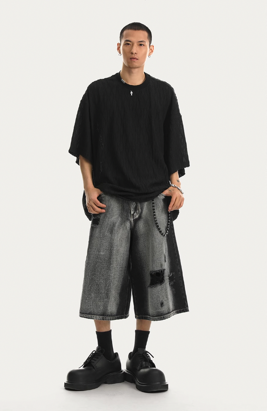 JHYQ Washed Hole Retro 7 Points Denim Shorts