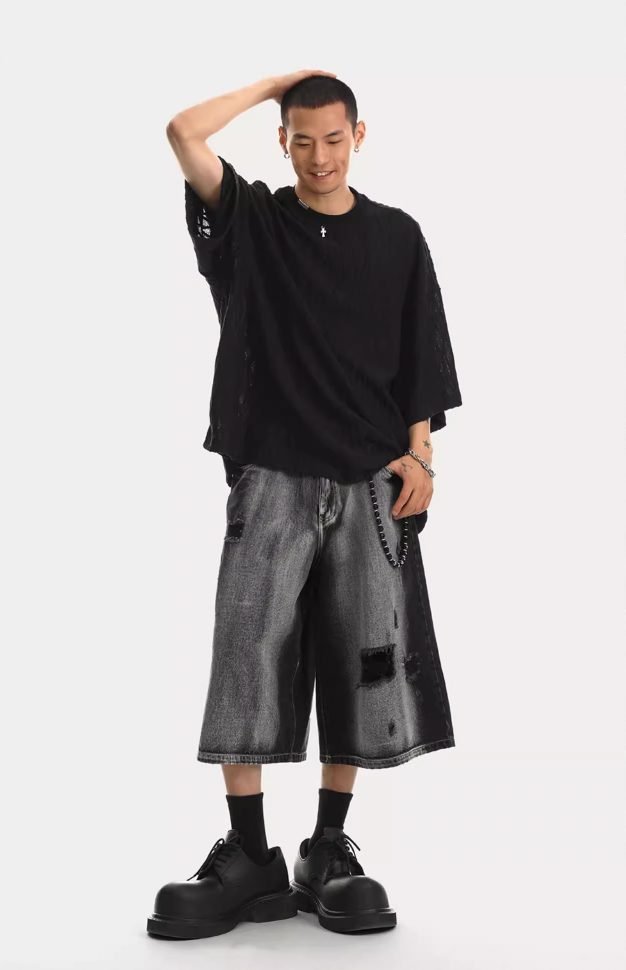 JHYQ Washed Hole Retro 7 Points Denim Shorts