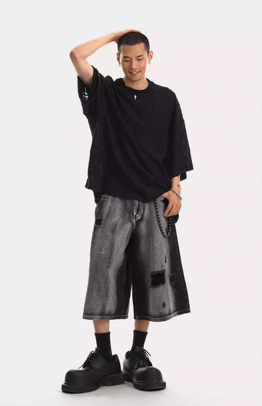 JHYQ Washed Hole Retro 7 Points Denim Shorts