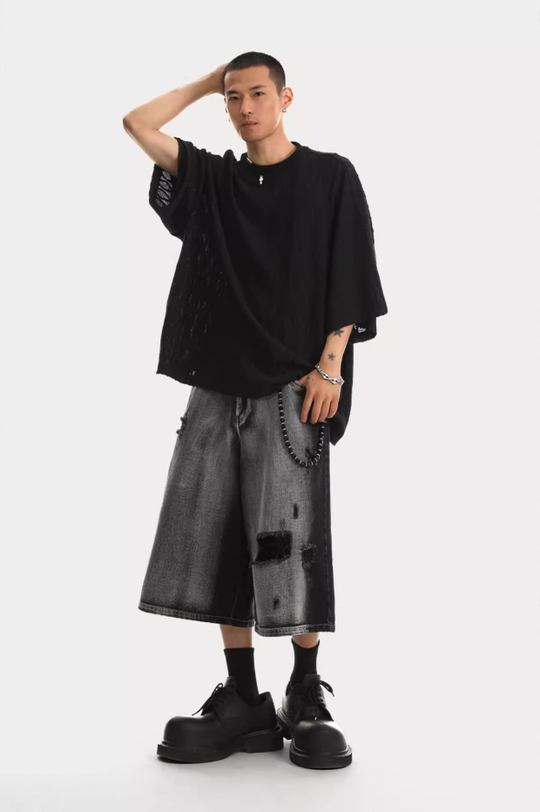 JHYQ Washed Hole Retro 7 Points Denim Shorts