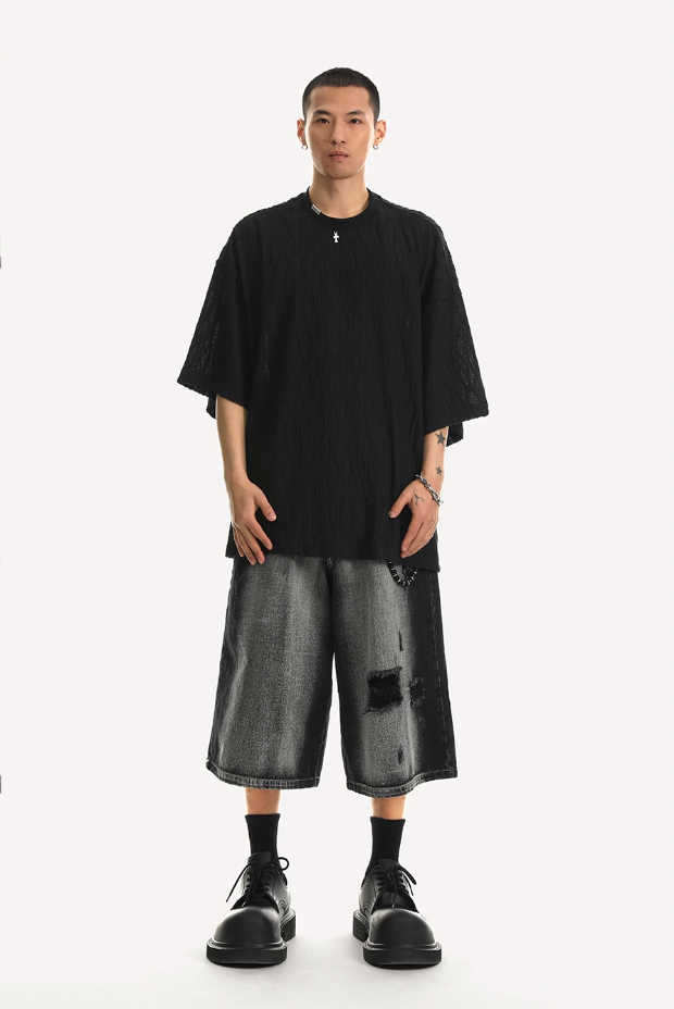 JHYQ Washed Hole Retro 7 Points Denim Shorts