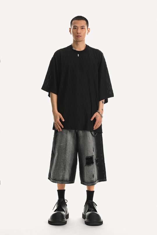 JHYQ Washed Hole Retro 7 Points Denim Shorts