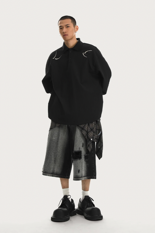 JHYQ Washed Hole Retro 7 Points Denim Shorts