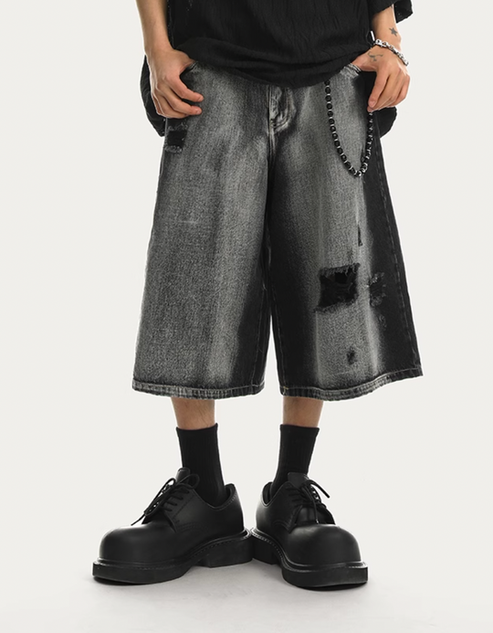 JHYQ Washed Hole Retro 7 Points Denim Shorts