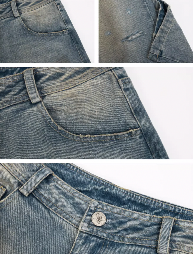 JHYQ Washed Distressed Holes Wide Legged Dirty Denim Jeans