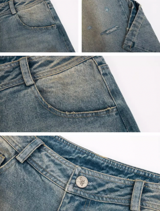 JHYQ Washed Distressed Holes Wide Legged Dirty Denim Jeans