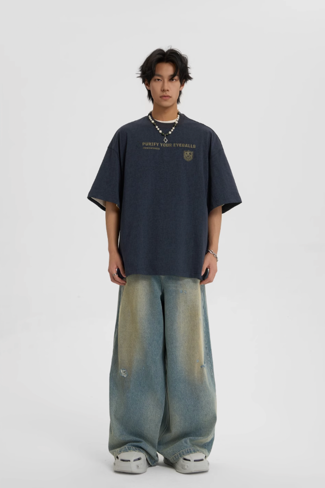 JHYQ Washed Distressed Holes Wide Legged Dirty Denim Jeans