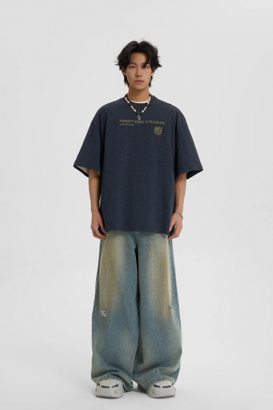 JHYQ Washed Distressed Holes Wide Legged Dirty Denim Jeans