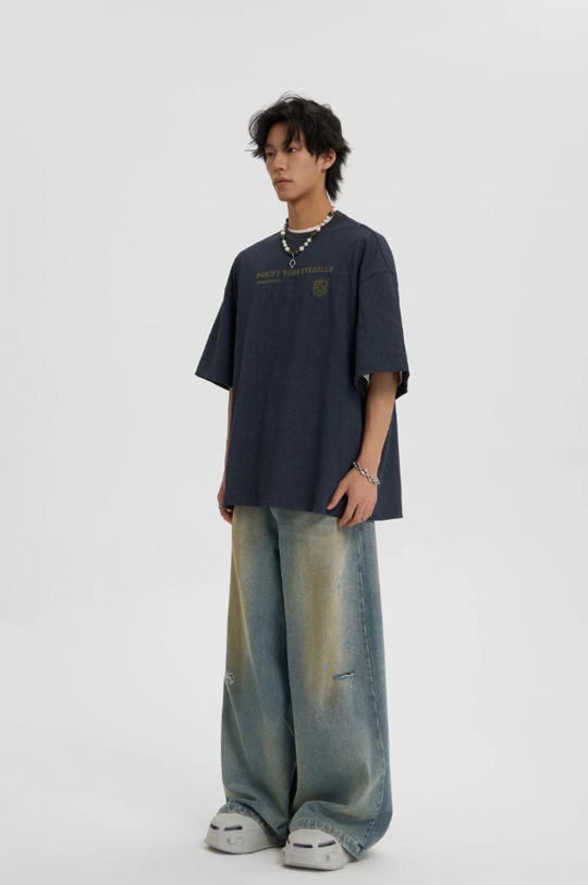 JHYQ Washed Distressed Holes Wide Legged Dirty Denim Jeans