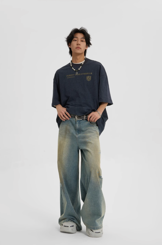 JHYQ Washed Distressed Holes Wide Legged Dirty Denim Jeans