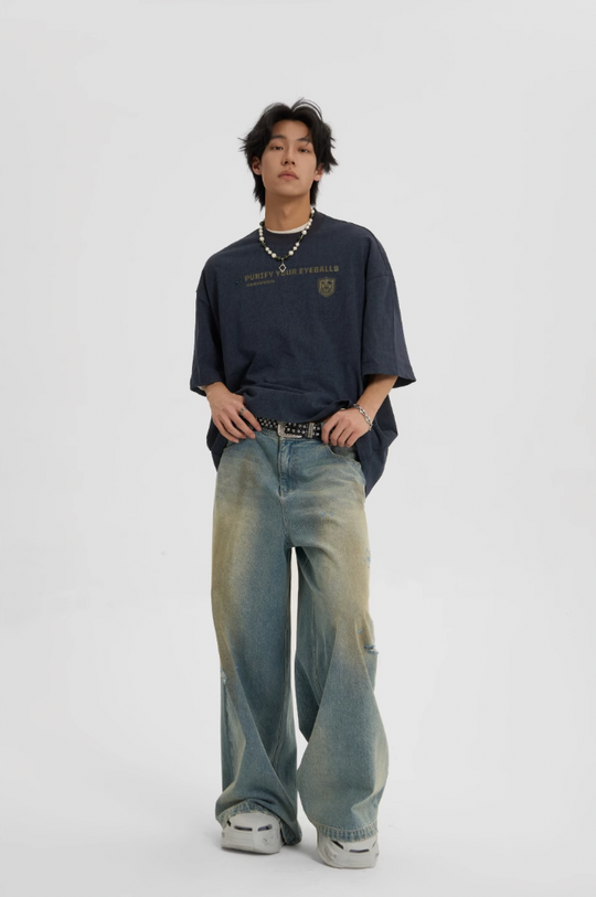 JHYQ Washed Distressed Holes Wide Legged Dirty Denim Jeans