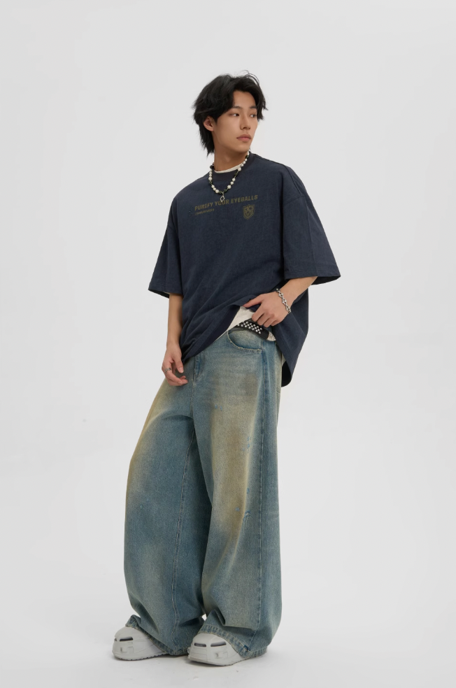 JHYQ Washed Distressed Holes Wide Legged Dirty Denim Jeans