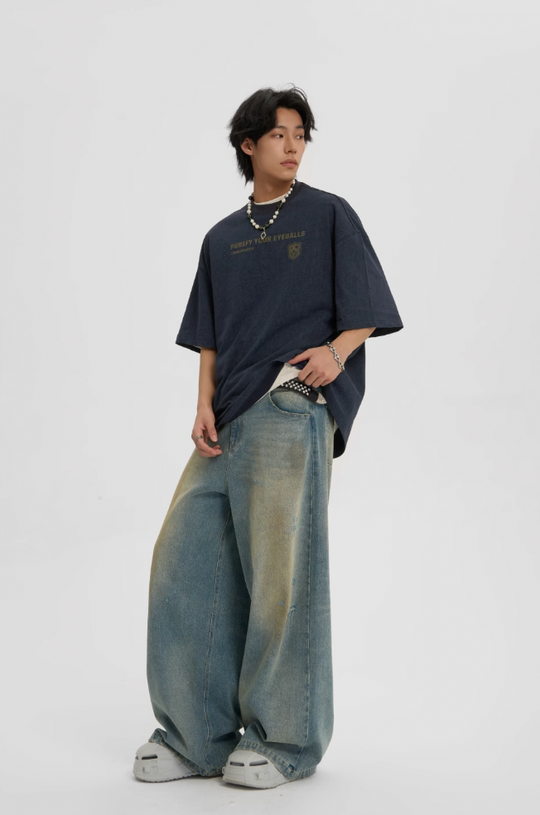 JHYQ Washed Distressed Holes Wide Legged Dirty Denim Jeans