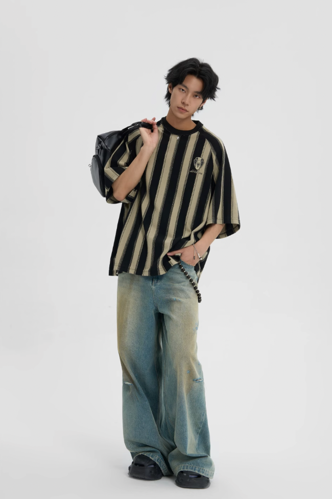 JHYQ Washed Distressed Holes Wide Legged Dirty Denim Jeans