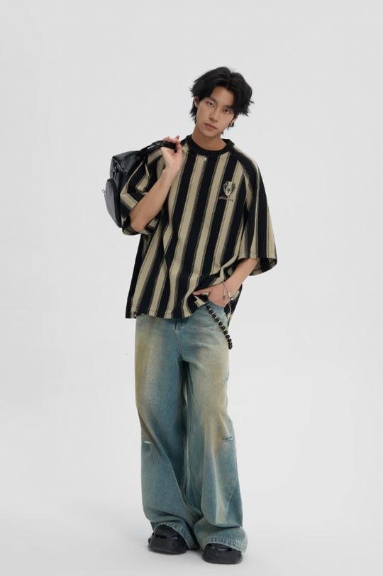 JHYQ Washed Distressed Holes Wide Legged Dirty Denim Jeans