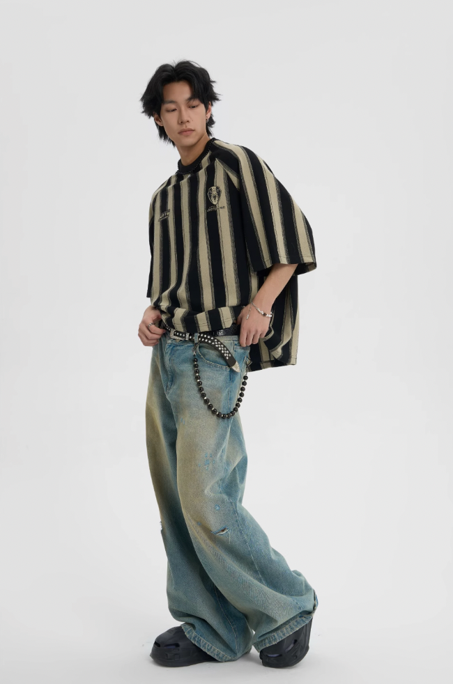 JHYQ Washed Distressed Holes Wide Legged Dirty Denim Jeans