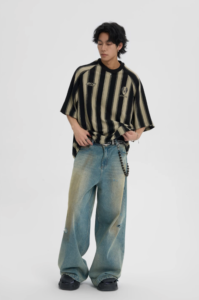 JHYQ Washed Distressed Holes Wide Legged Dirty Denim Jeans