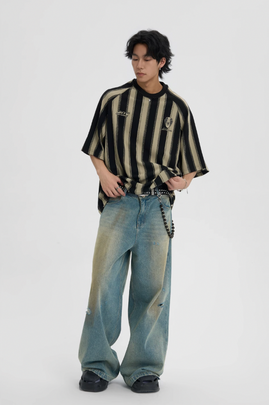 JHYQ Washed Distressed Holes Wide Legged Dirty Denim Jeans