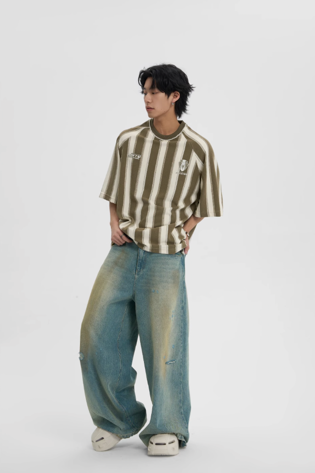 JHYQ Washed Distressed Holes Wide Legged Dirty Denim Jeans