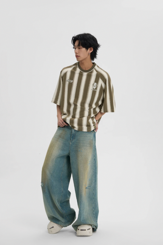 JHYQ Washed Distressed Holes Wide Legged Dirty Denim Jeans