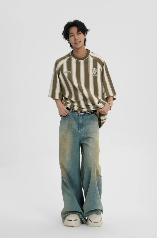 JHYQ Washed Distressed Holes Wide Legged Dirty Denim Jeans