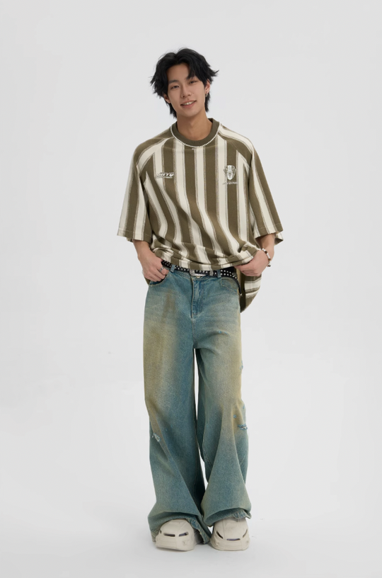 JHYQ Washed Distressed Holes Wide Legged Dirty Denim Jeans