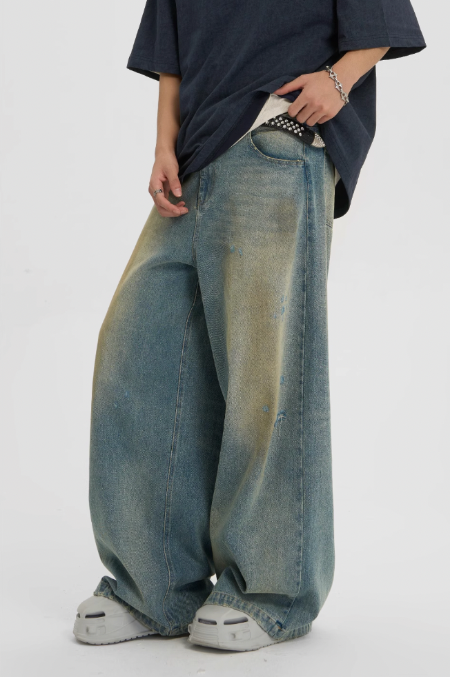 JHYQ Washed Distressed Holes Wide Legged Dirty Denim Jeans