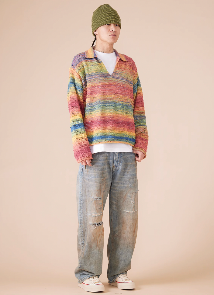 EVILKNIGHT(EK) Rainbow Dyeing Drum Wave Knit Sweater
