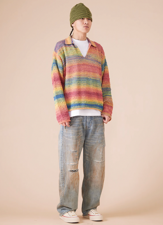 EVILKNIGHT(EK) Rainbow Dyeing Drum Wave Knit Sweater